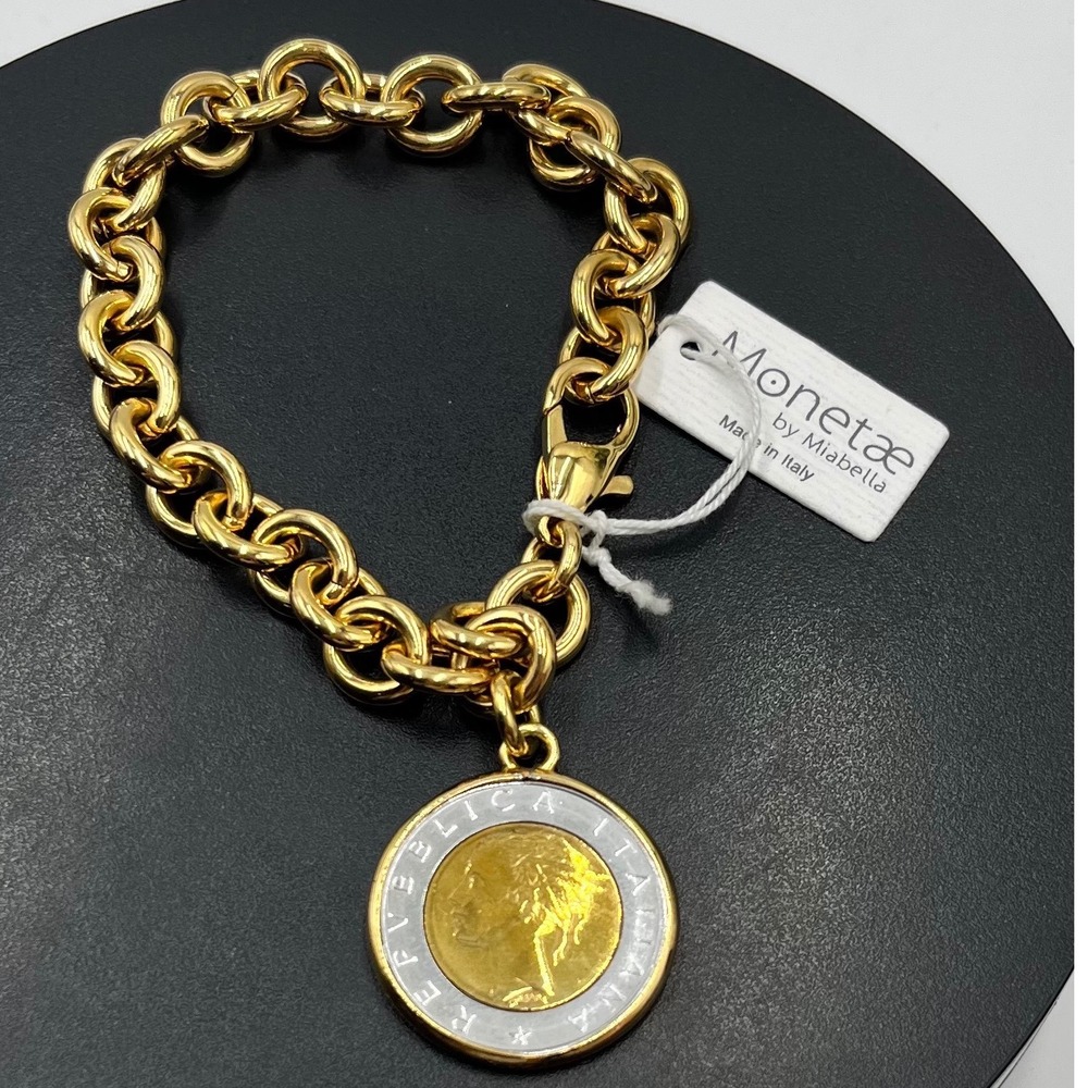Monetae Miabella Italy Gold over Bronze Italian 500-Lira Coin Rolo  Bracelet new